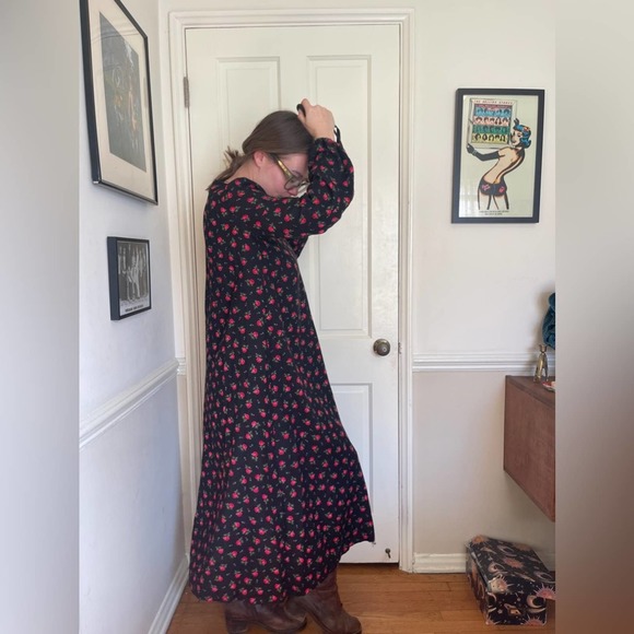 Vintage Dresses & Skirts - 70s Vintage Black Floral Tent Style Prairie Dress